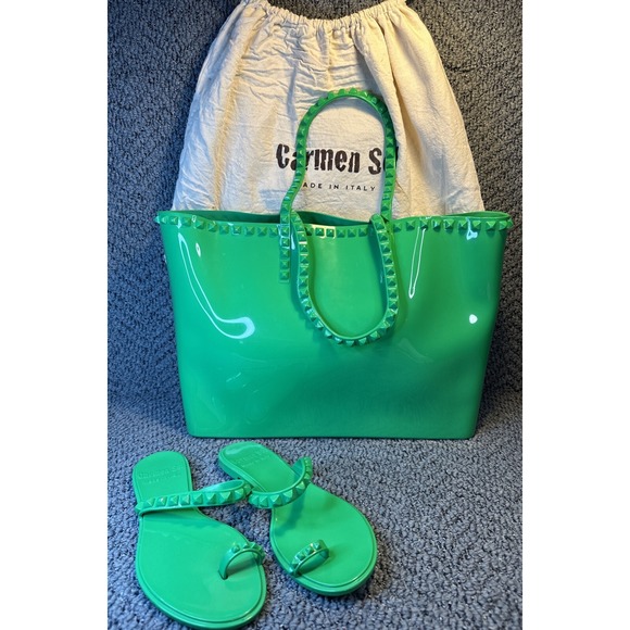 Carmen Sol Handbags - Carmen Sol Angelica Large Tote & Maria Flat Jelly Sandals 9 Italy‎ Green HTF EUC